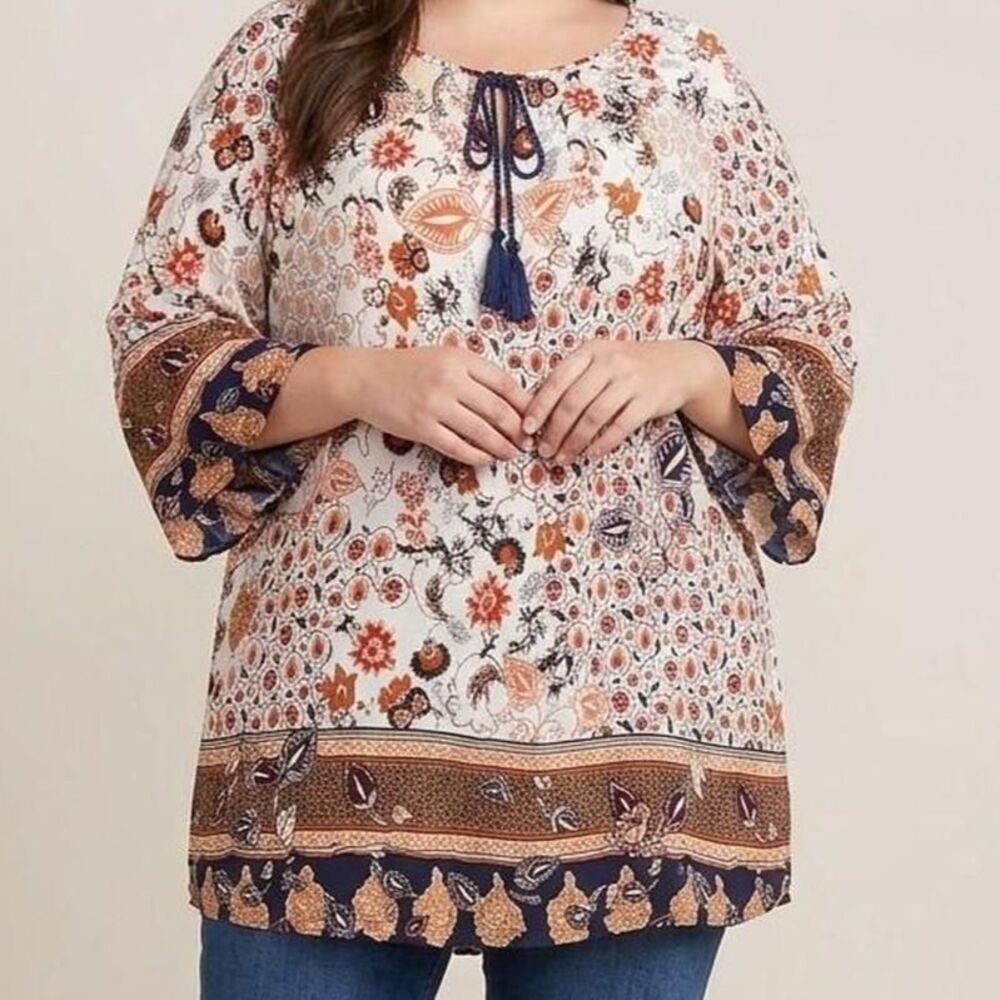 Lucy & Laurel Boho Paisley Floral Tassel Tunic Top Size 3X western  desert